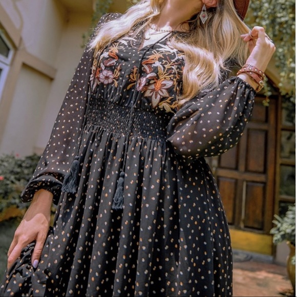 Boho black floral print embroidered polka dot long sleeve dress - Picture 3 of 6